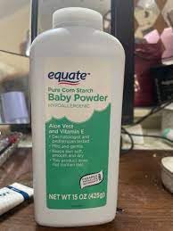 Pure Equate cornstarch baby powder for smooth, dry skin during care.