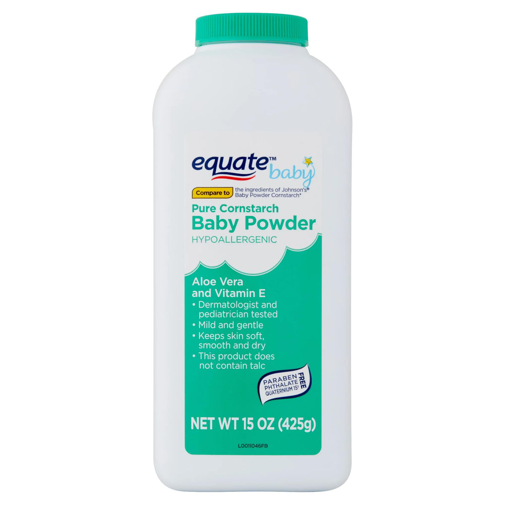 Pure Equate cornstarch baby powder soft texture close-up.
