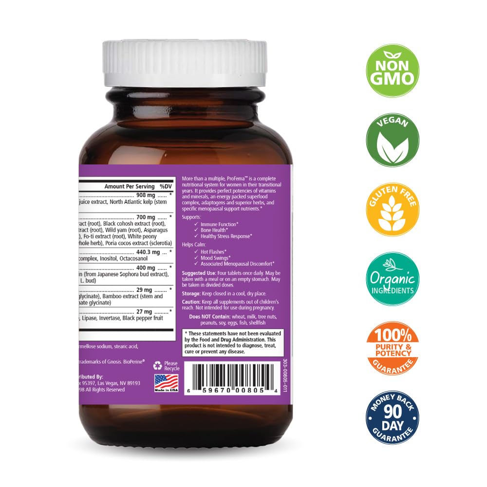 Pure Essence Labs ProFema bottle back label highlights vitamins and minerals.