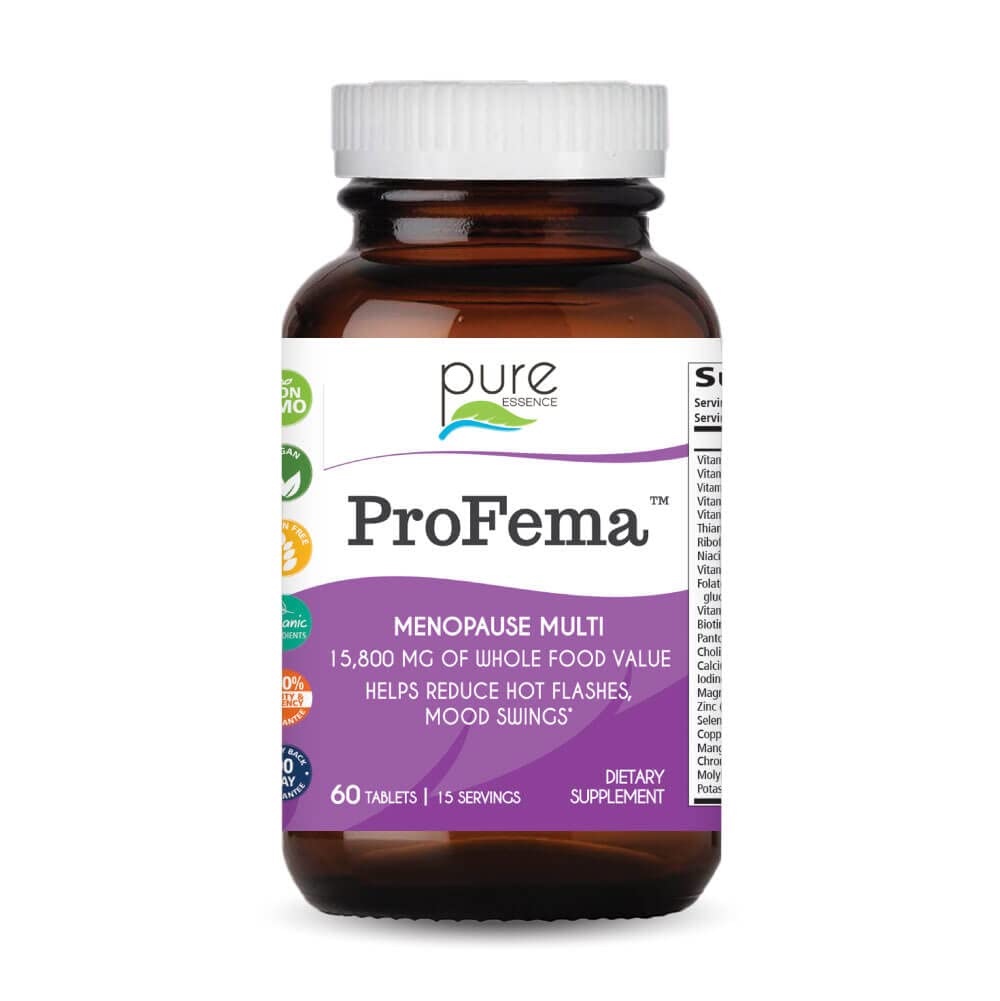 Pure Essence Labs ProFema bottle front promotes hormone balance and wellness.