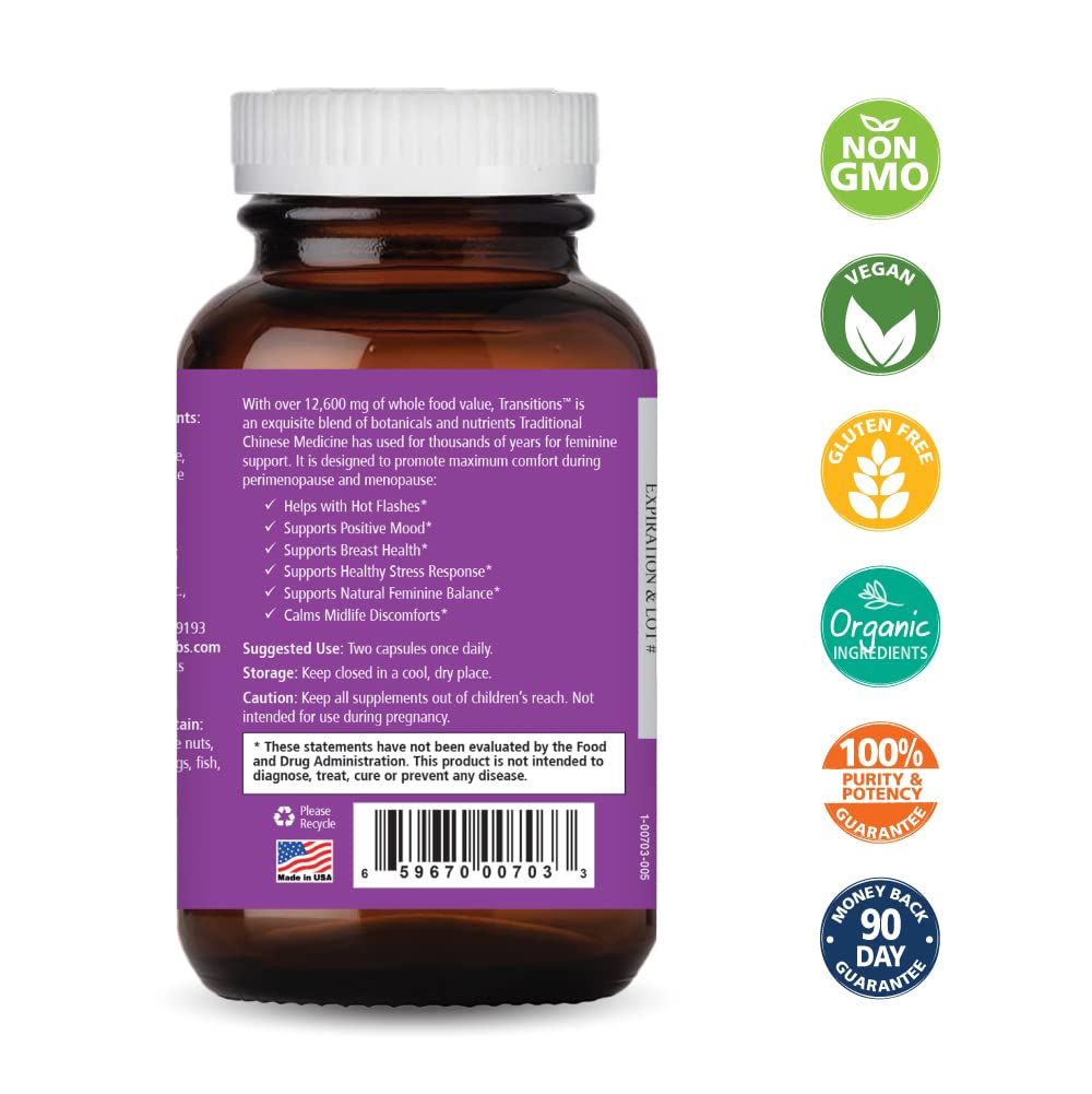 Pure Essence Labs Transitions capsules closeup showing herbal blend for hot flashes