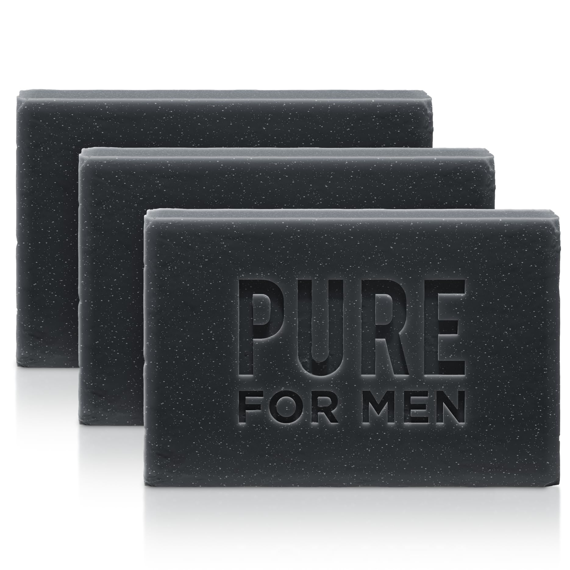 Pure for Men lavender charcoal soap bar front view highlighting detoxifying action.