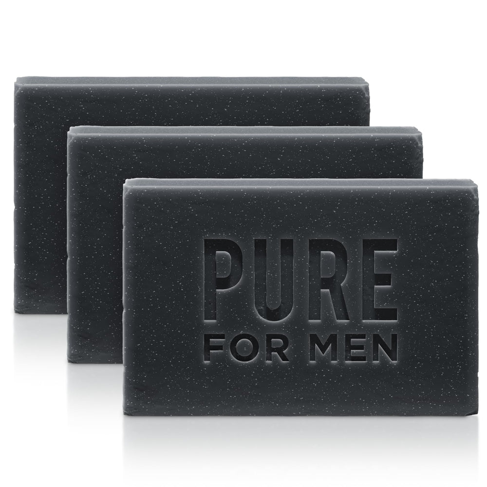 Pure for Men lavender charcoal soap bar front view highlighting detoxifying action.