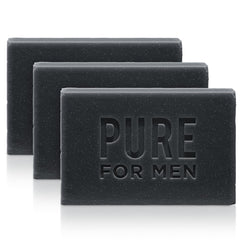 Pure for Men lavender charcoal soap bar front view highlighting detoxifying action.