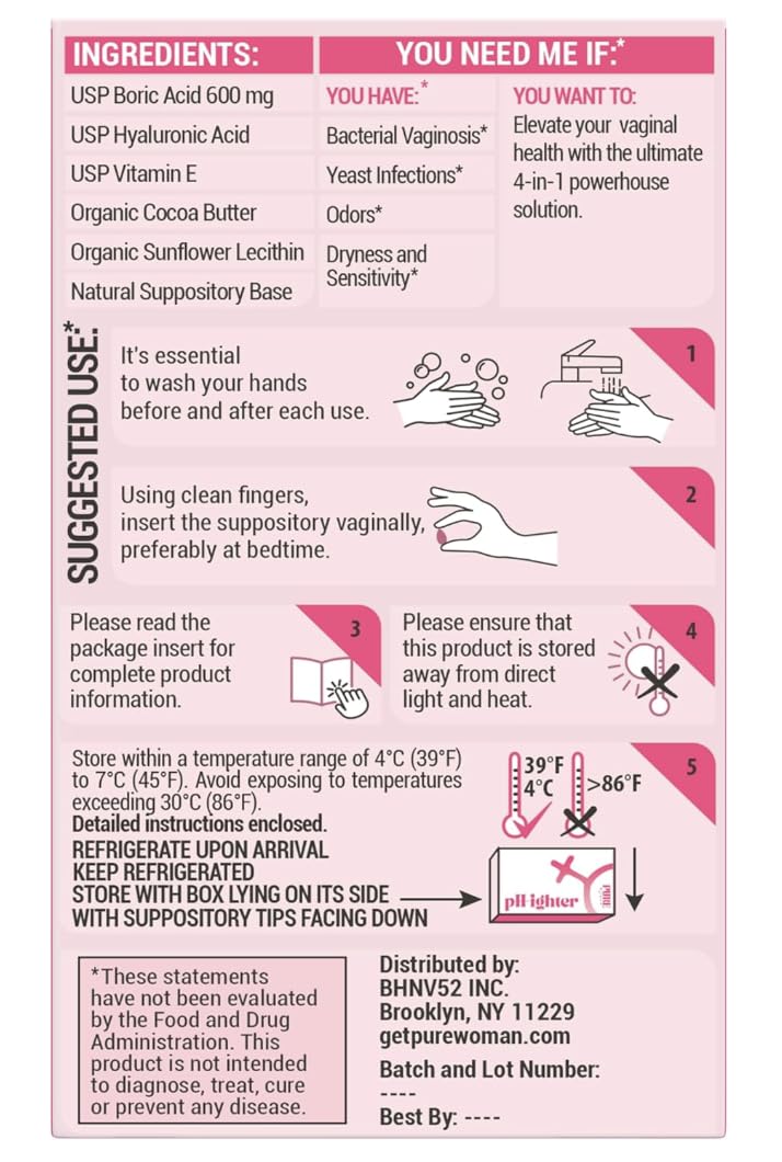 PURE WOMAN boric acid suppositories bottle pour demonstrates easy, mess-free insertion.