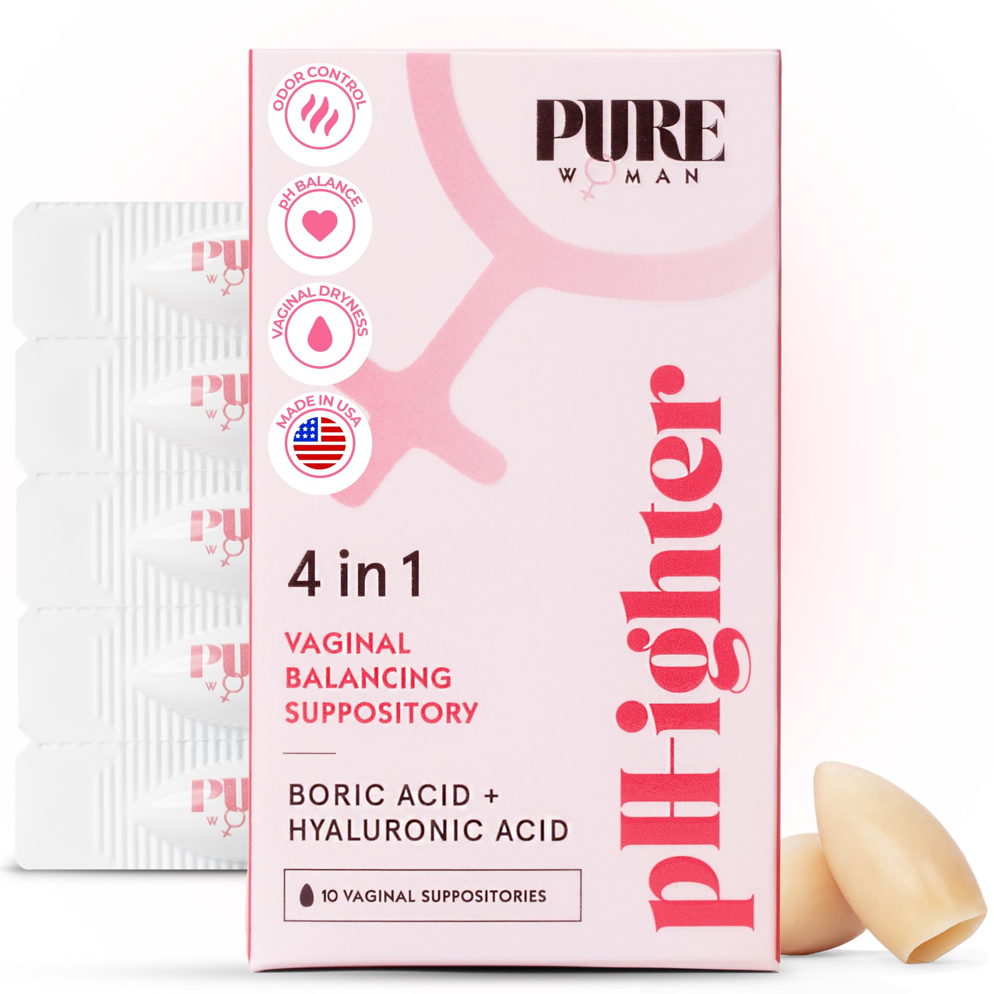 PURE WOMAN pH-ighter 10 box pack displays vaginal boric acid suppositories for balanced comfort.