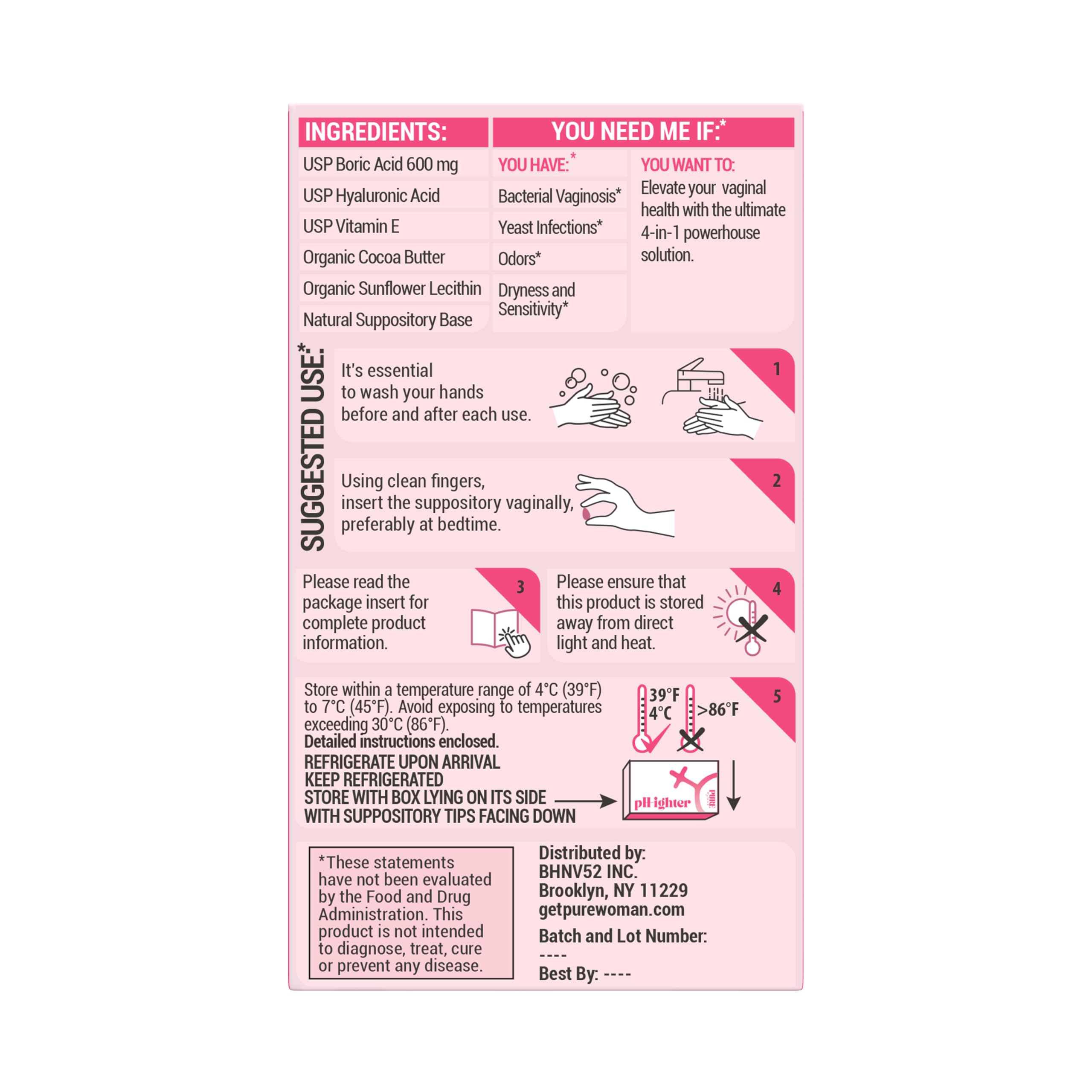 Closeup of PURE WOMAN pH-ighter 10 suppositories highlighting smooth cocoa butter moisture.