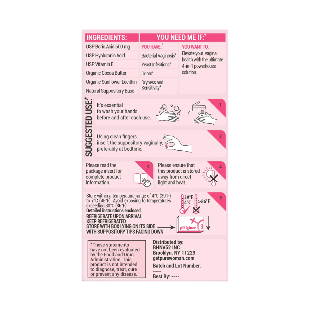 Closeup of PURE WOMAN pH-ighter 10 suppositories highlighting smooth cocoa butter moisture.
