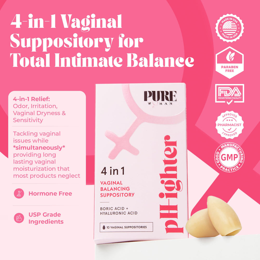 PURE WOMAN pH-ighter 10 suppositories in hand for easy, mess-free use.