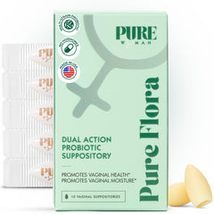 Pure Woman Pure Flora suppositories box front for vaginal health support.