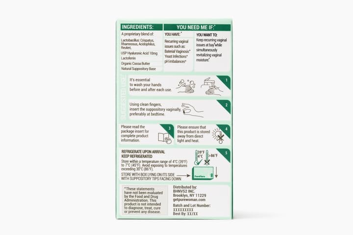 Closeup of Pure Flora suppositories pack for convenient vaginal care routine.