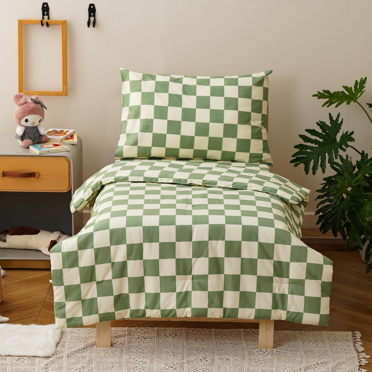 Pureant Green Plaid toddler bedding set comforter close-up showing soft microfiber warmth for cozy nights