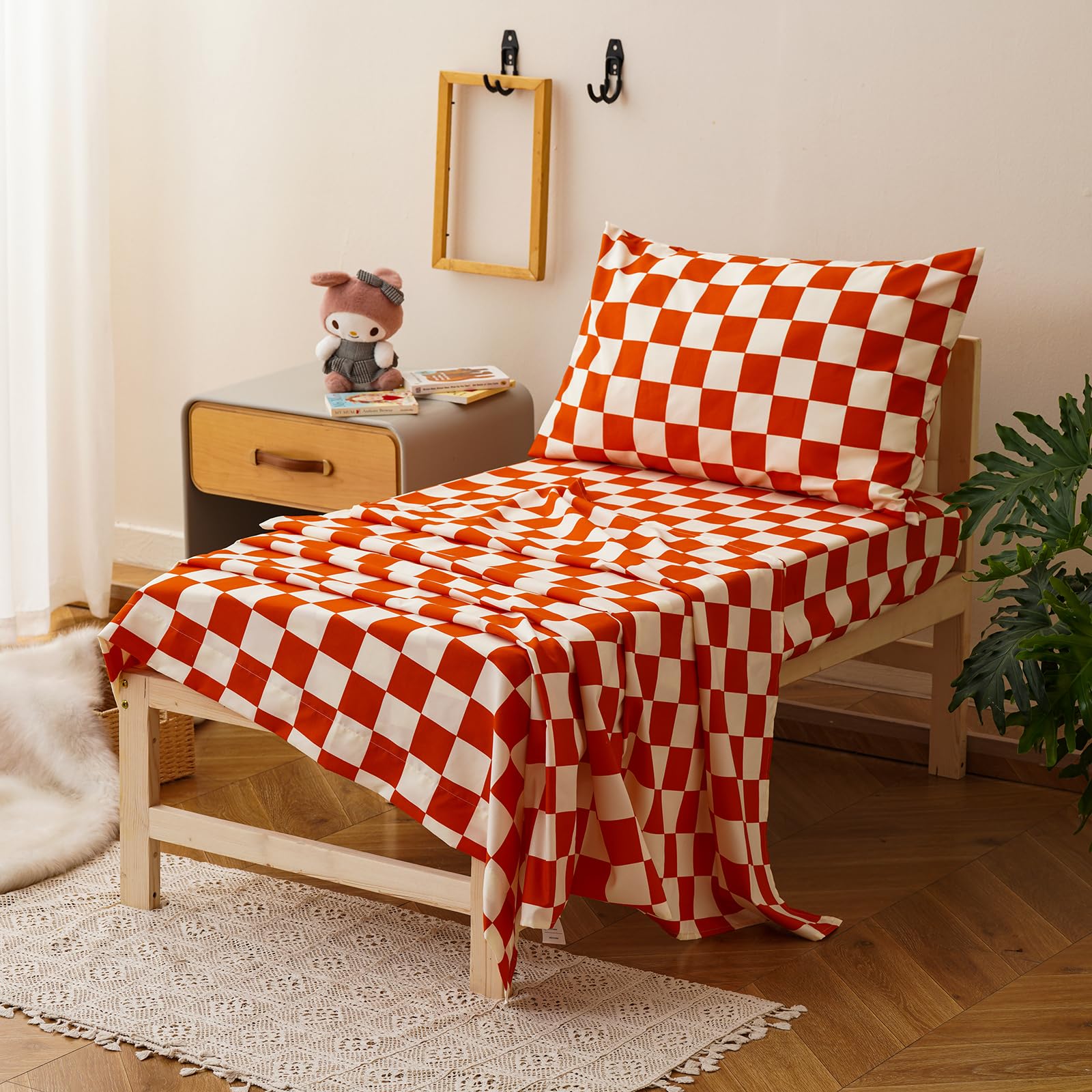 Pureant orange plaid toddler flat sheet highlighting smooth breathable fabric for comfy sleep