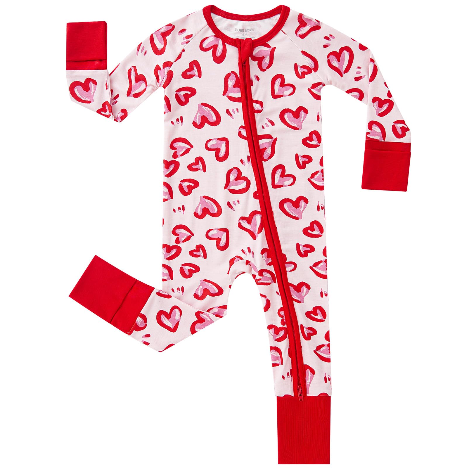 Pureborn bamboo sleeper with 2-way zipper and pink heart design for 12-18 months.