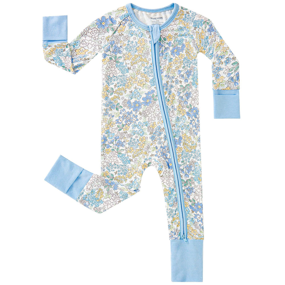 Pureborn sleeper in blue floral print on soft bamboo fabric