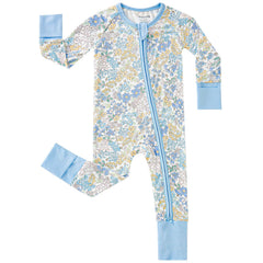 Pureborn sleeper in blue floral print on soft bamboo fabric