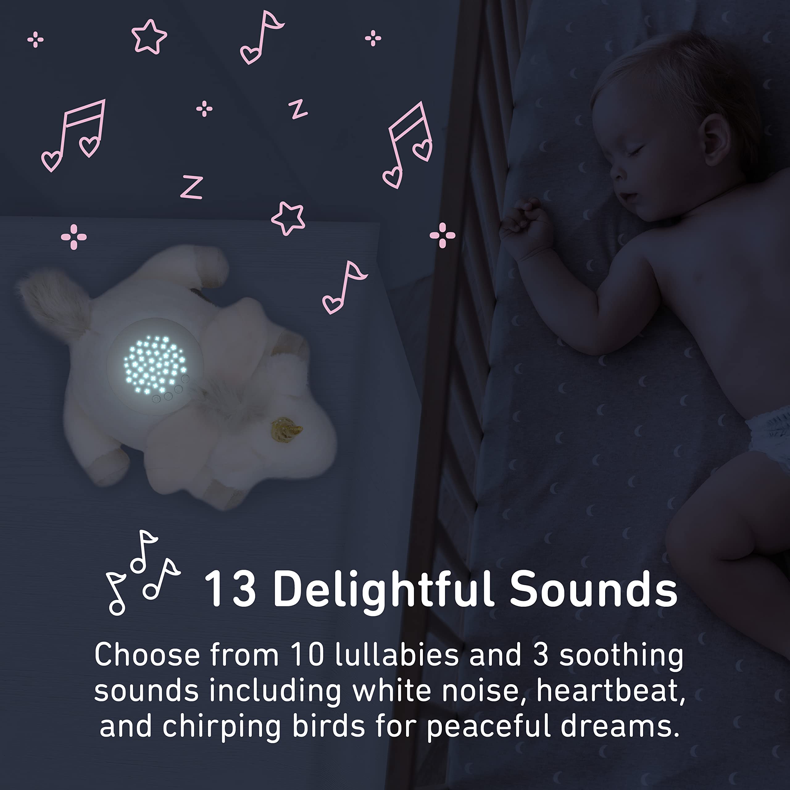 Pure Enrichment PureBaby removable sound machine shown with plush for easy setup.