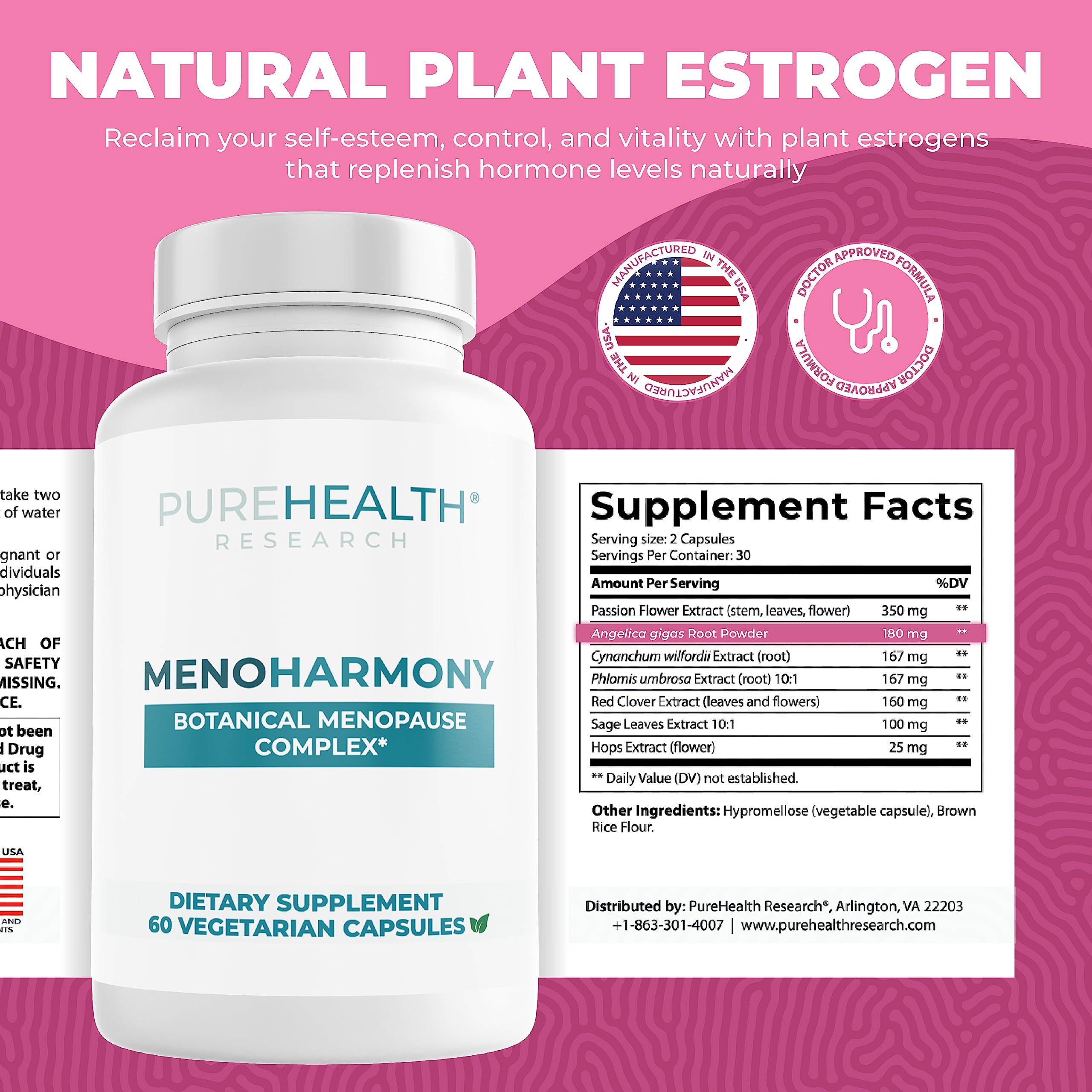 Close-up of MenoHarmony capsules suggesting daily menopause support