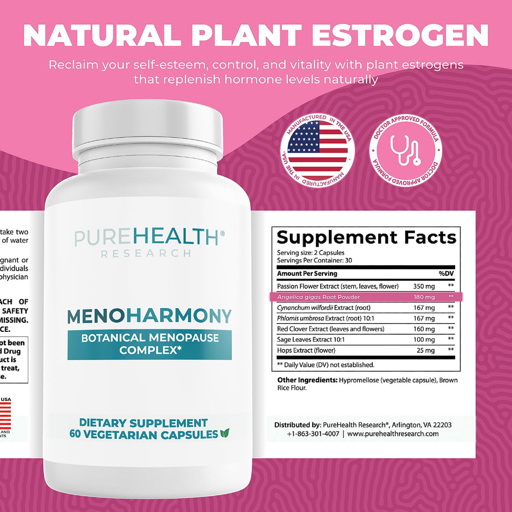 Close-up of MenoHarmony capsules suggesting daily menopause support