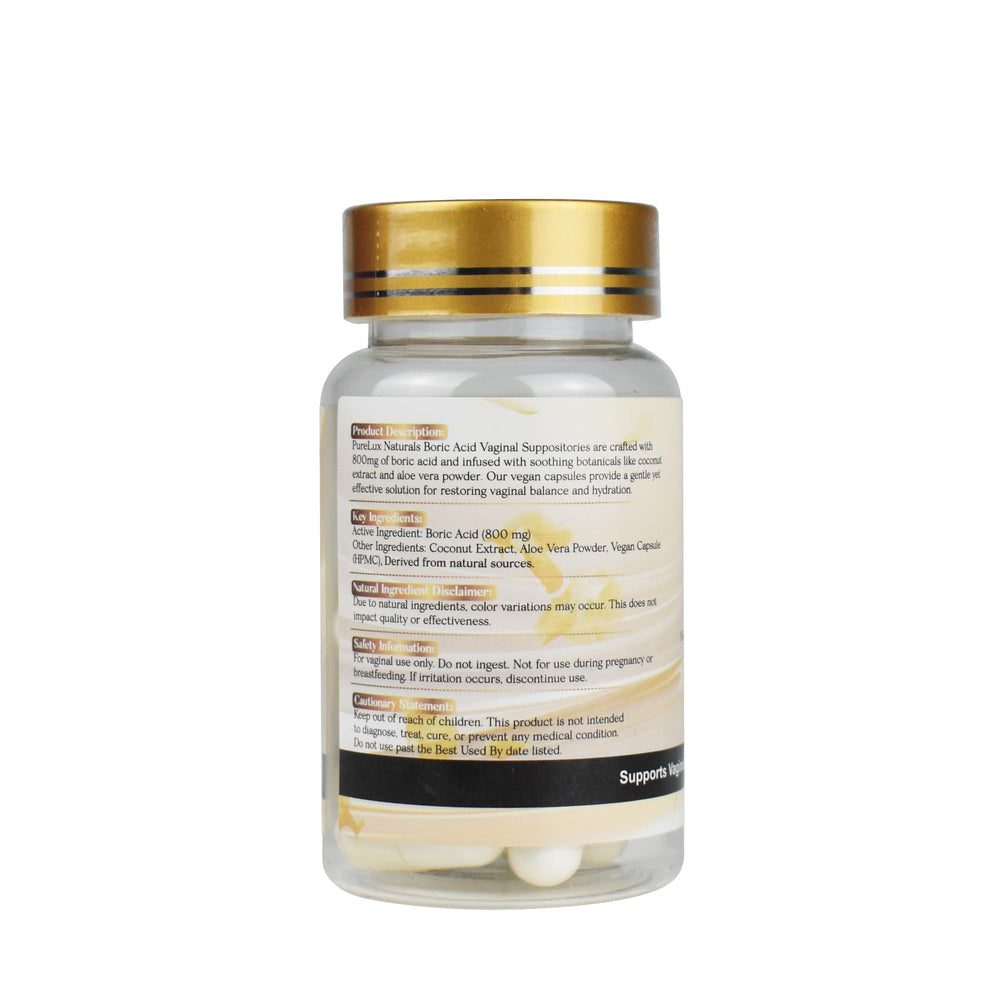 PureLux Naturals boric acid capsules product image emphasizes fragrance-free design.