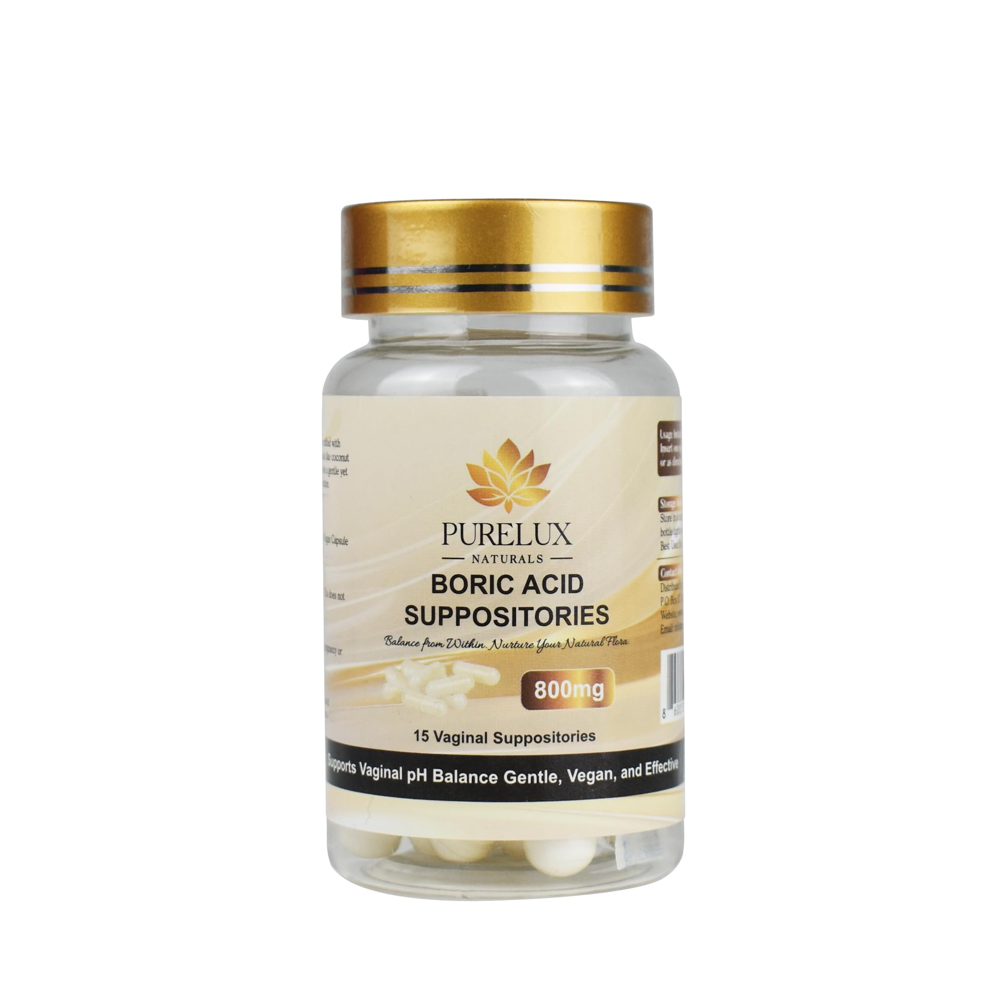PureLux Naturals boric acid capsules in open bottle for convenient daily wellness.