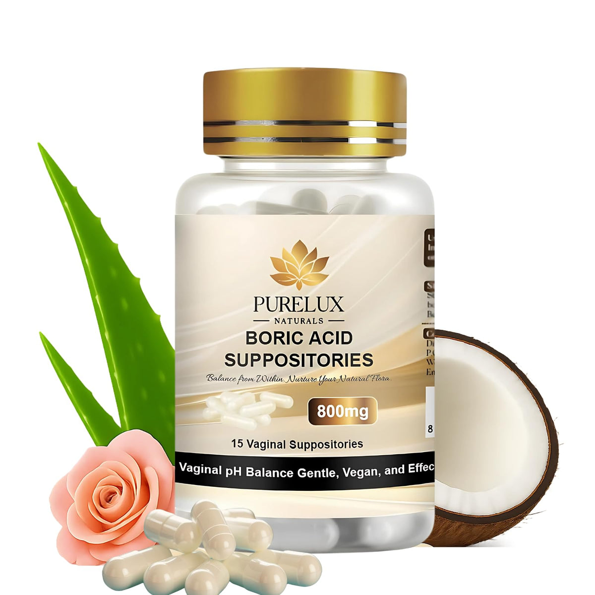 PureLux Naturals boric acid capsules packaging promotes daily balance and freshness.