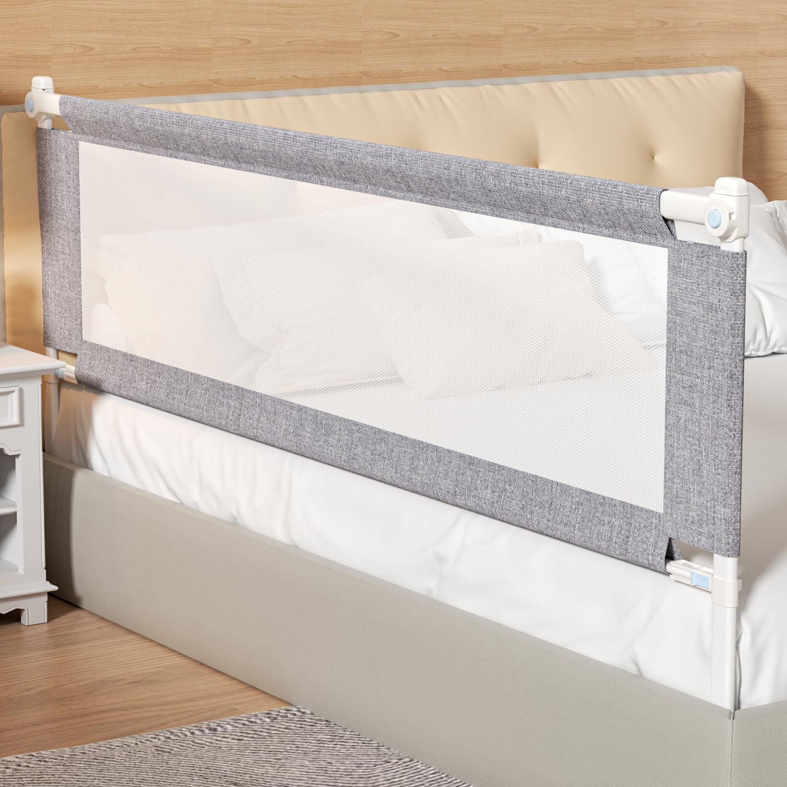 PurePapoose bed rail closeup showing breathable mesh panel for safety