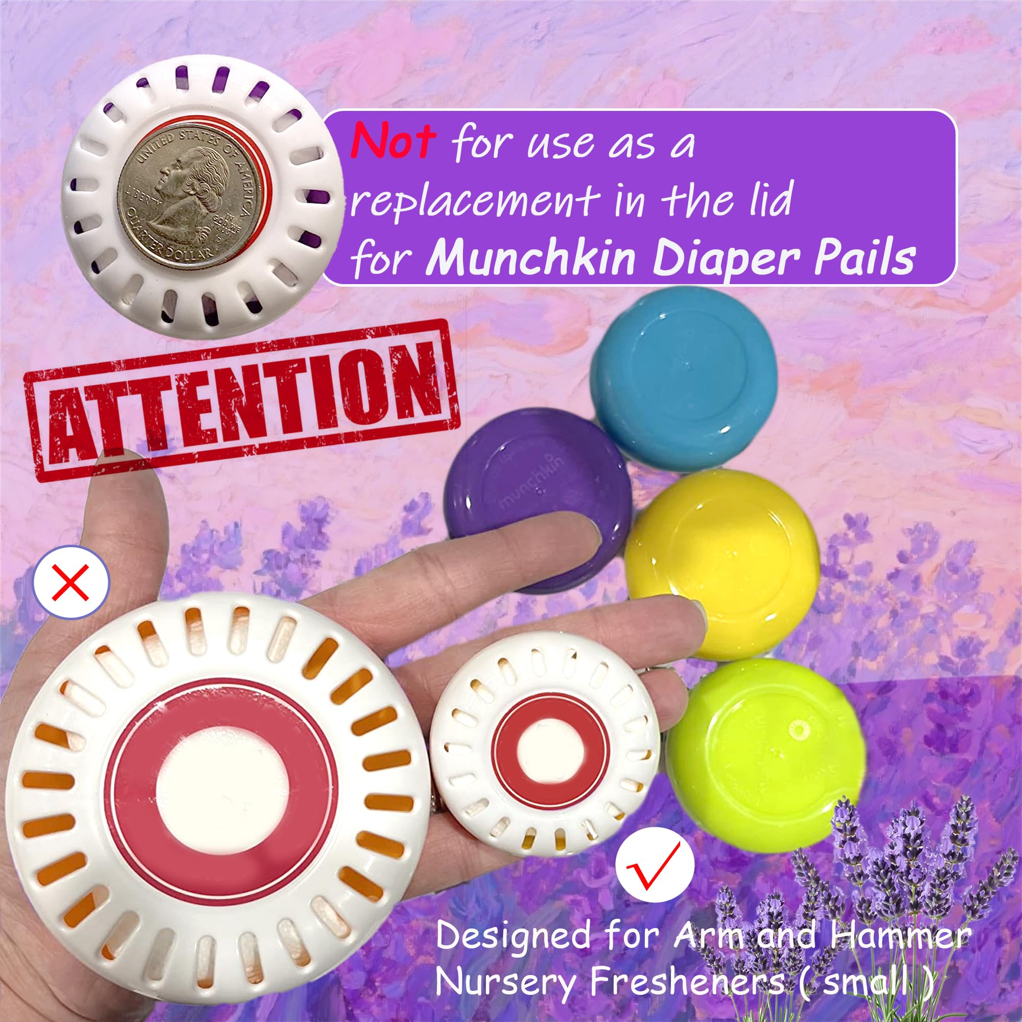 PurifyLogix Arm and Hammer-compatible disk fits diaper pails easily.