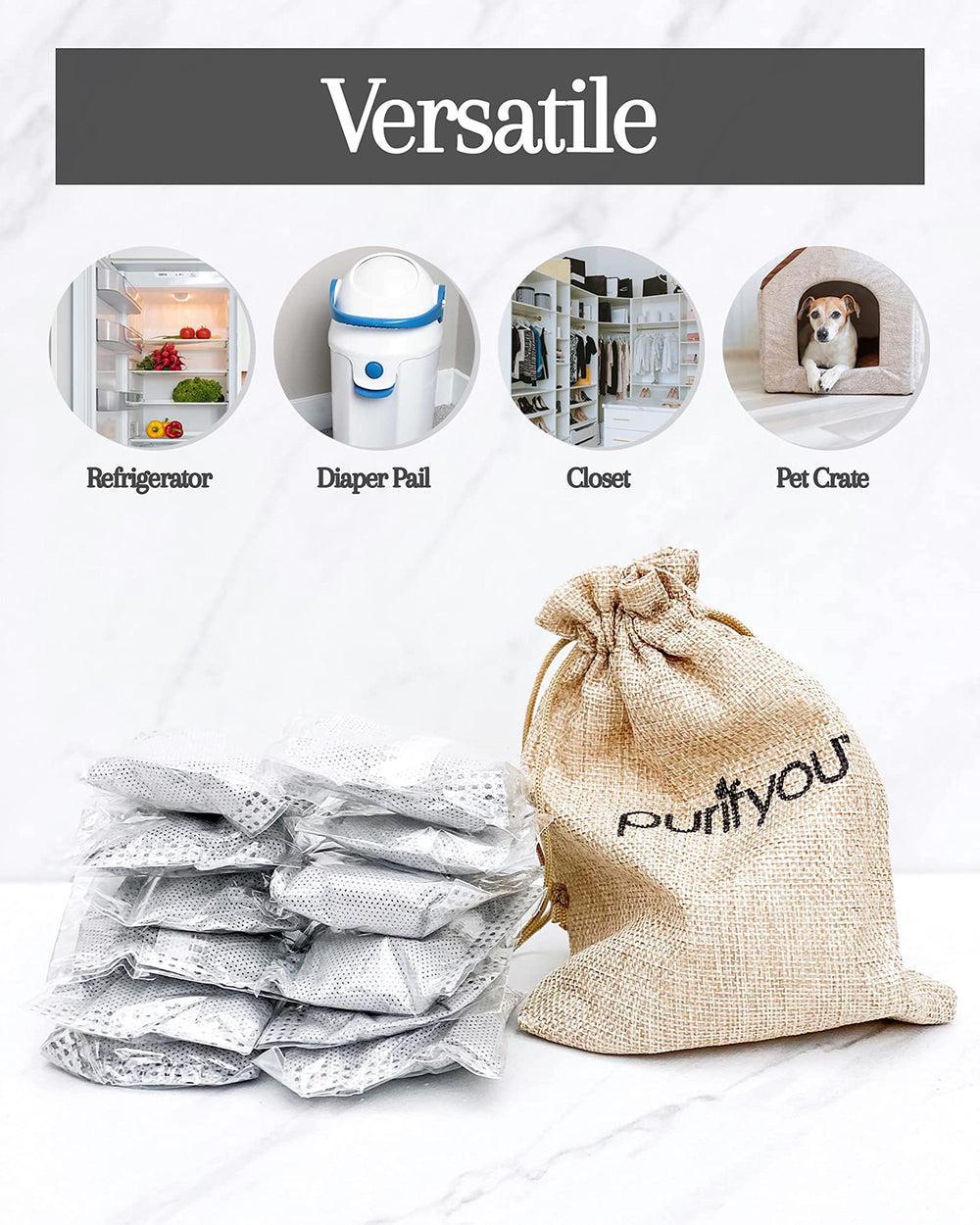 Purifyou trash deodorizer sachets remove kitchen trash odors.