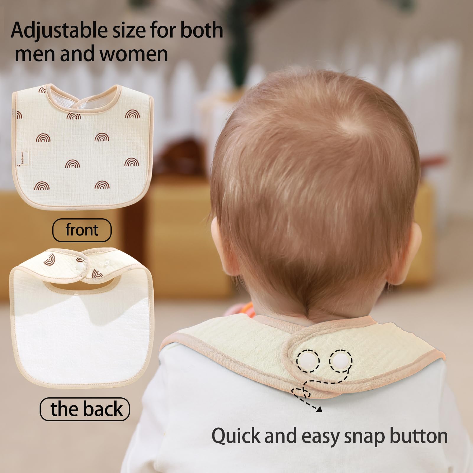 Soft muslin edge of PurlHaven bib reduces skin irritation.