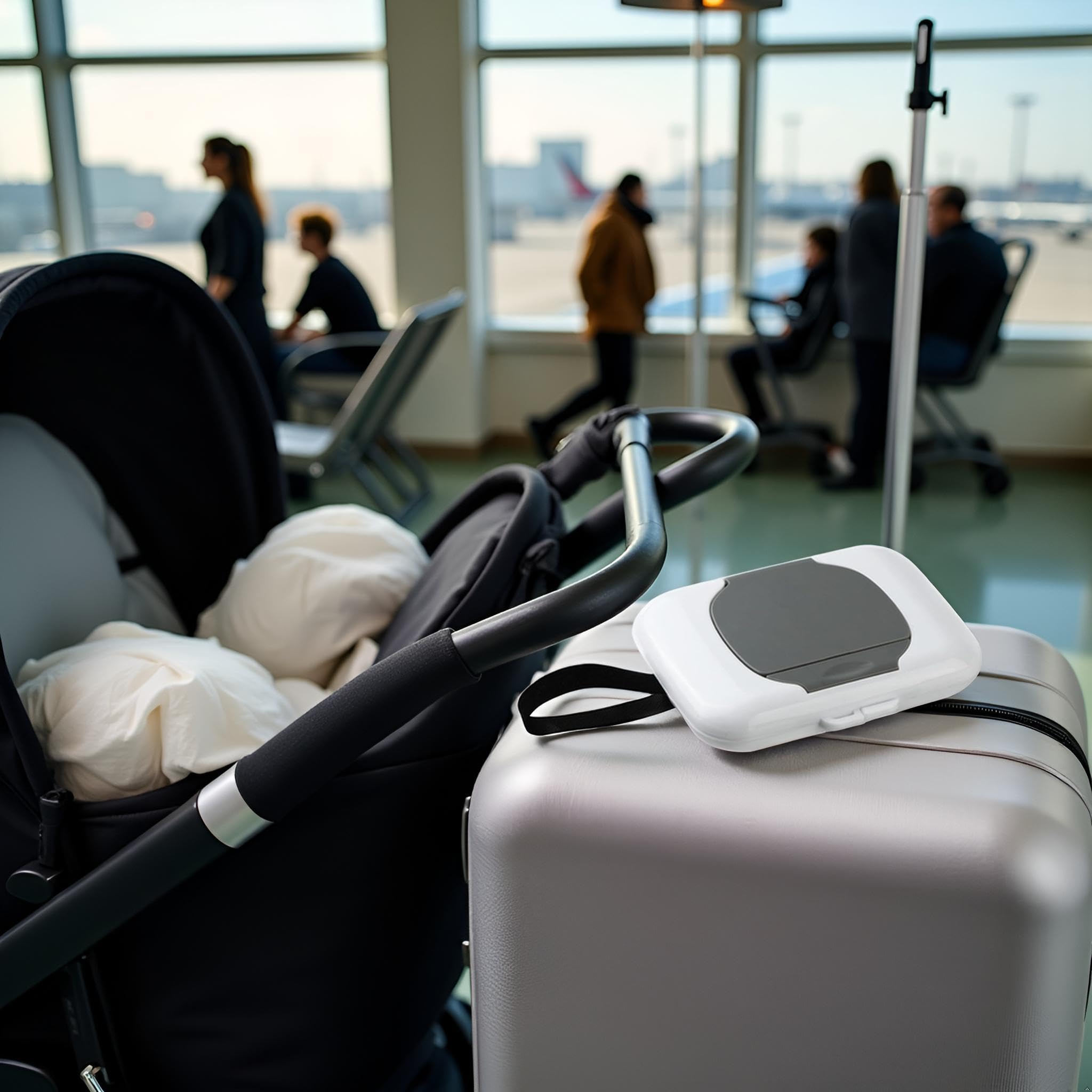 PurYupearl Gray Travel Wipe Holder hanging from a diaper bag.