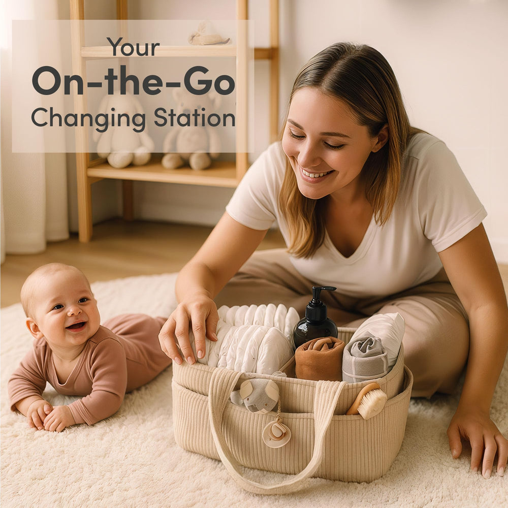 PUTSKA diaper station organizer ready for baby bath and changing