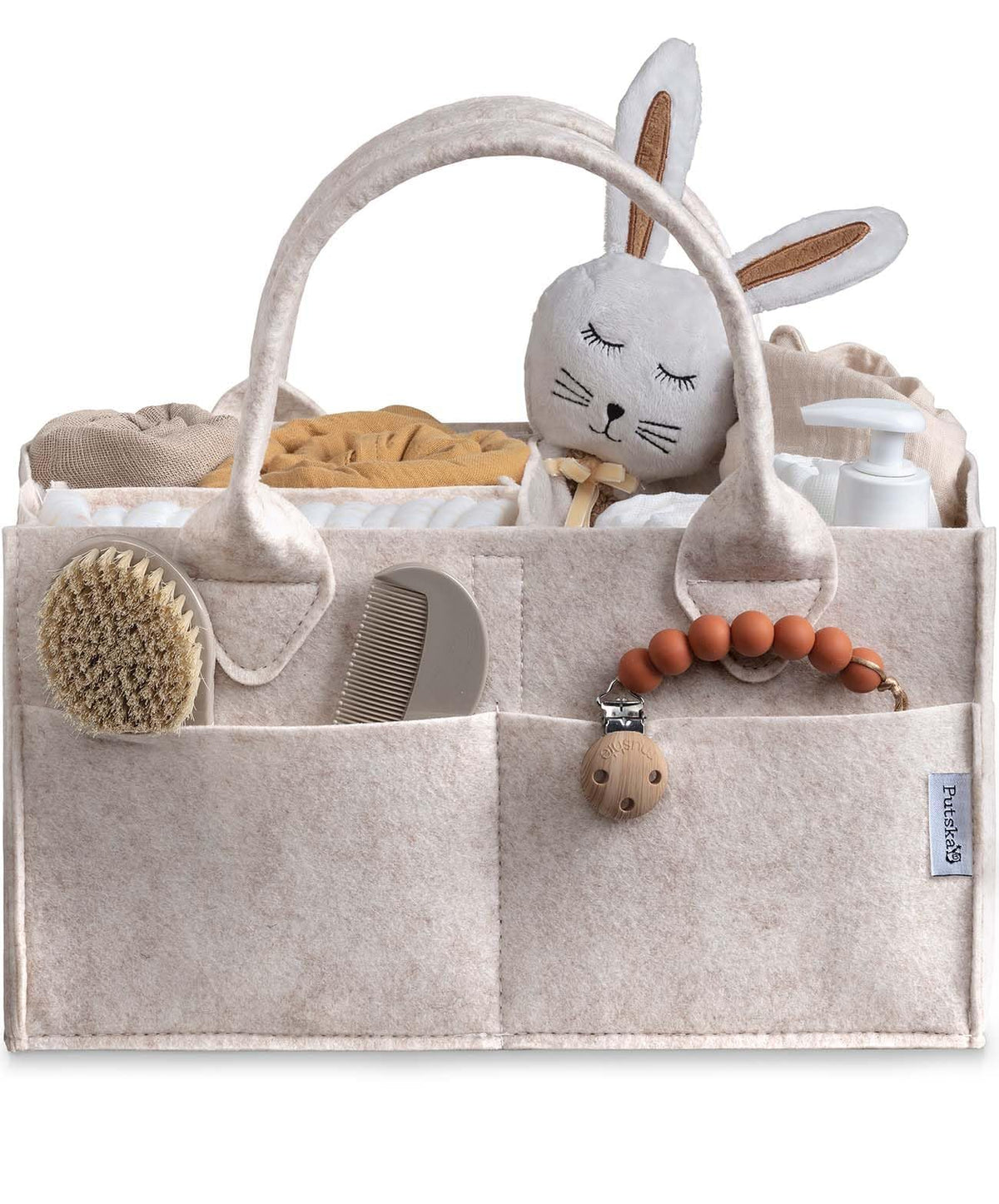 PUTSKA baby diaper caddy in Mocha keeps changing essentials within reach at the diaper station.
