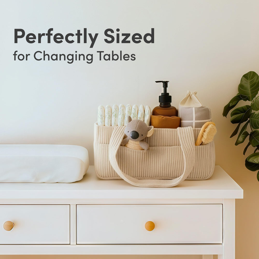 PUTSKA nursery storage caddy blends with neutral decor