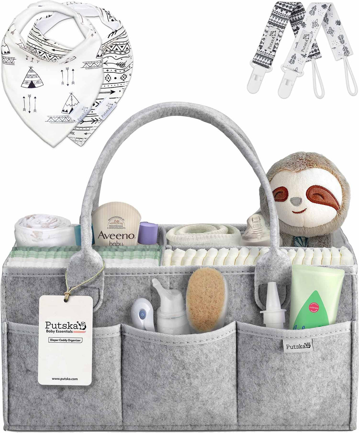 PUTSKA Baby Diaper Caddy Organizer front view showing organized changing station