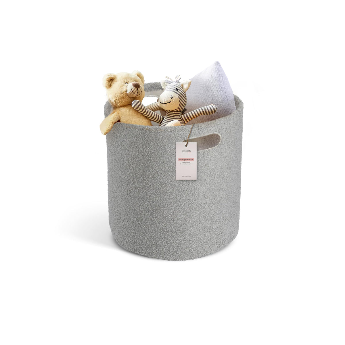 PUTSKA basket round grey front view highlights large storage capacity for toys and clothes.