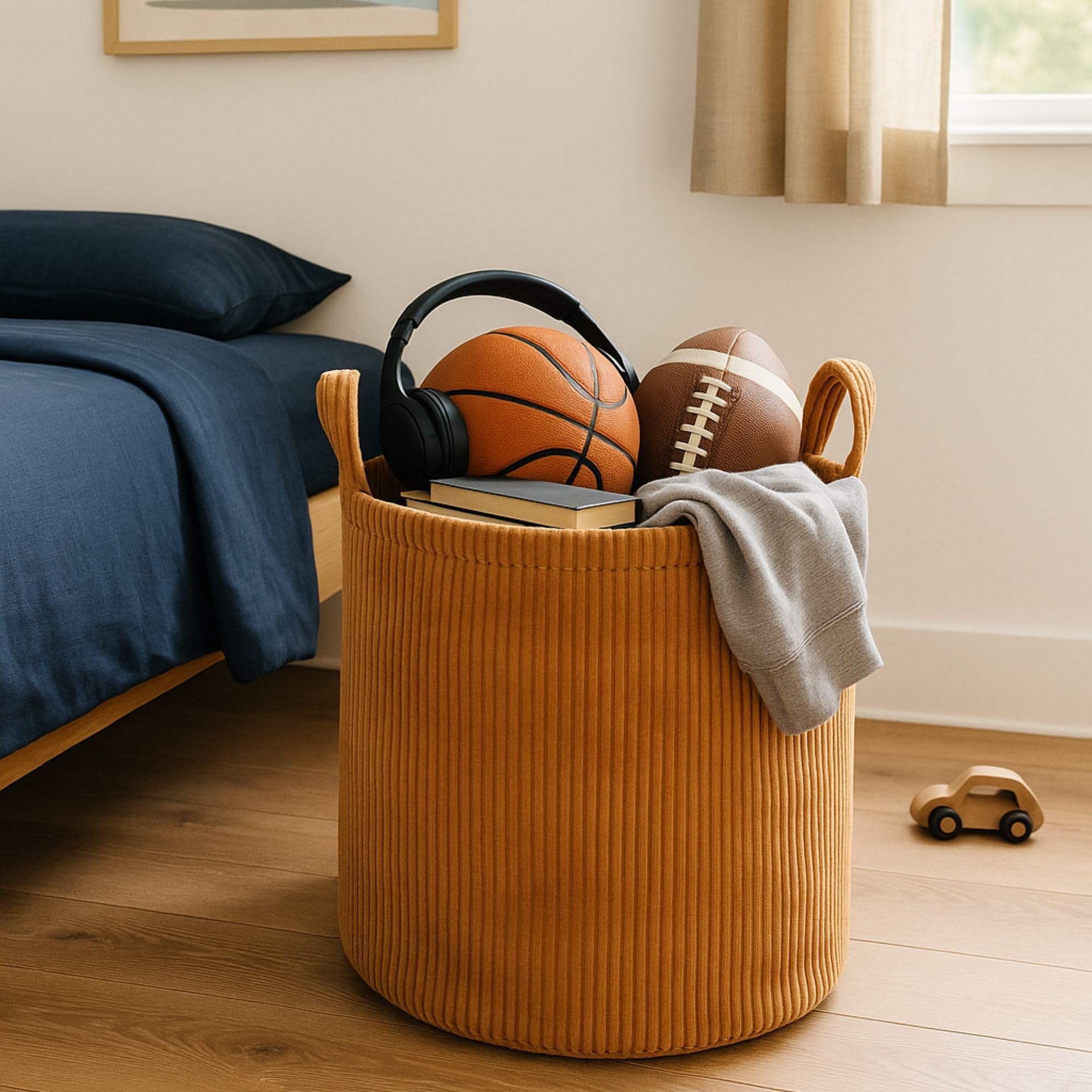 PUTSKA blanket basket neatly stored beside seating for quick access