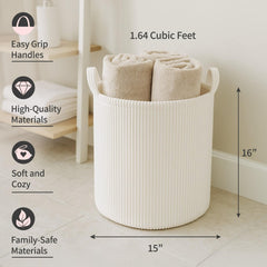 PUTSKA blanket basket round cream filled with blankets showing ample storage.