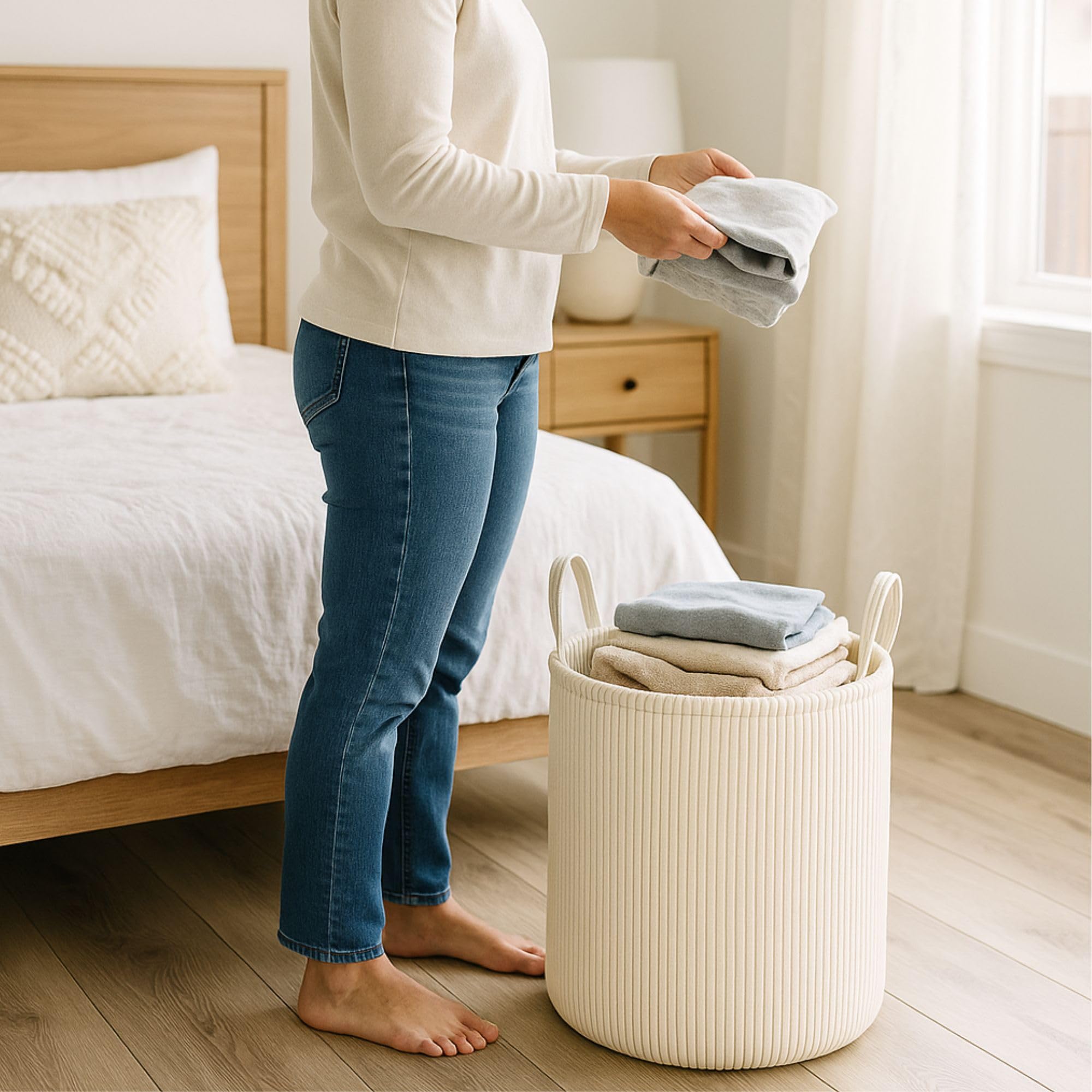 PUTSKA blanket basket round cream ready to organize laundry and blankets.