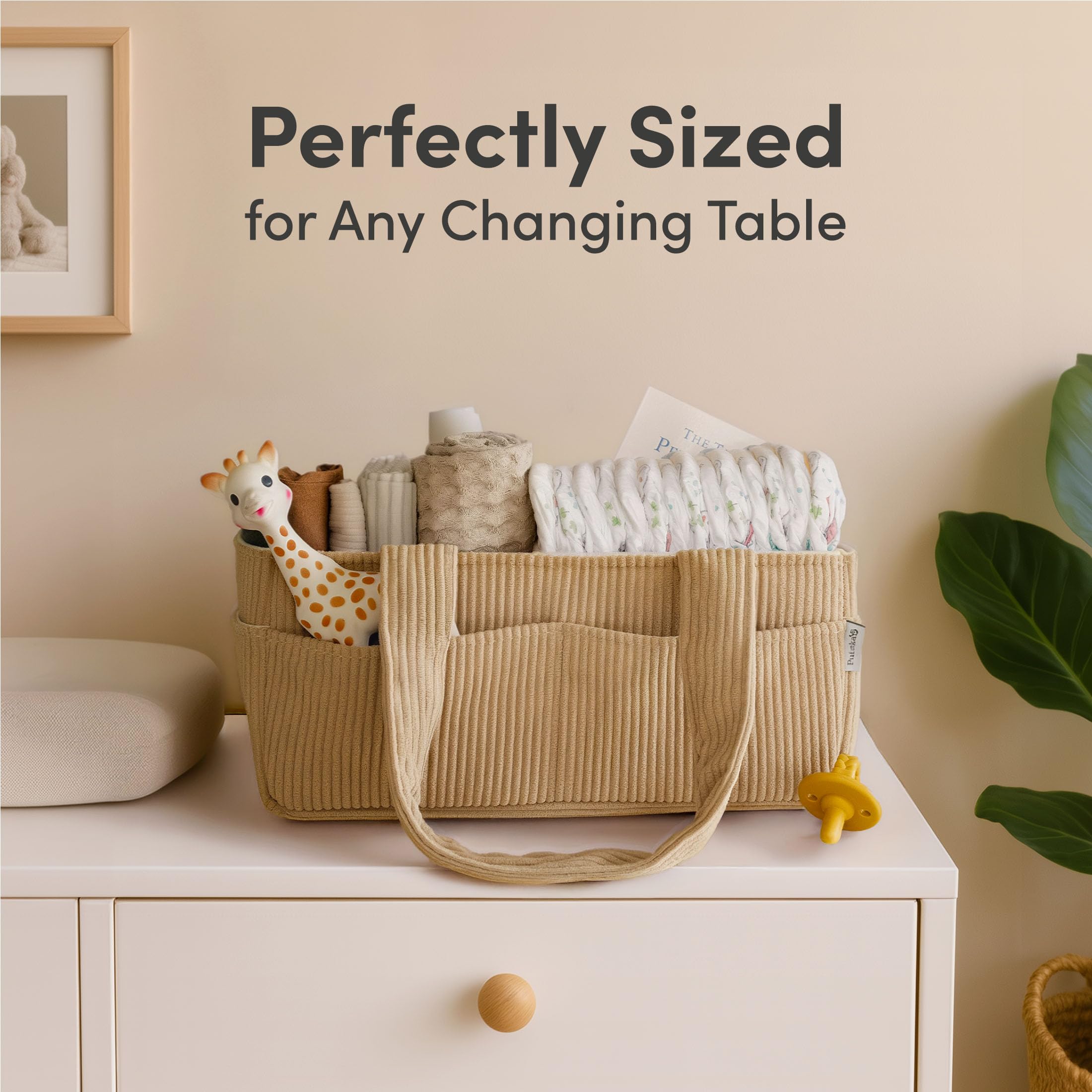 PUTSKA diaper caddy in a neutral corduroy finish complements any nursery