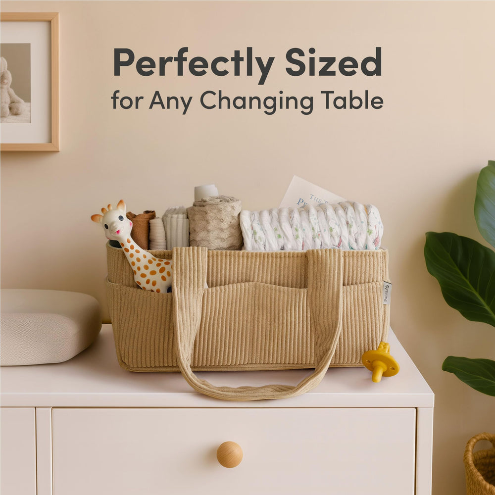 PUTSKA diaper caddy in a neutral corduroy finish complements any nursery