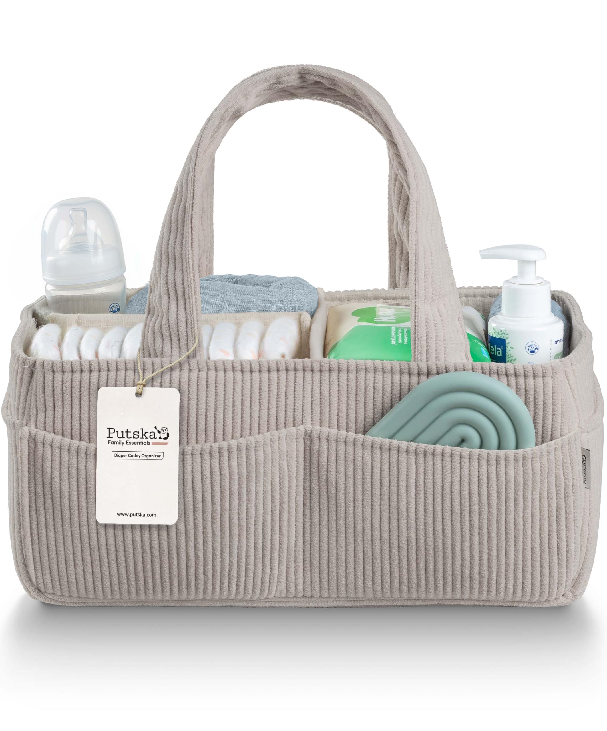 PUTSKA corduroy diaper caddy on changing table for easy wipe access