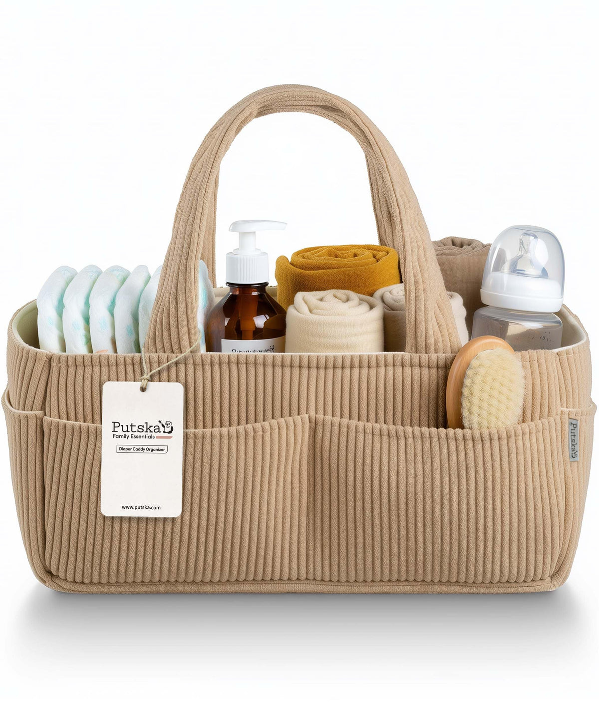 PUTSKA corduroy diaper caddy with three compartments keeps wipes and creams organized