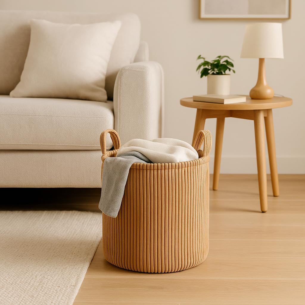 Putska corduroy fabric basket features sturdy handles for easy transport.