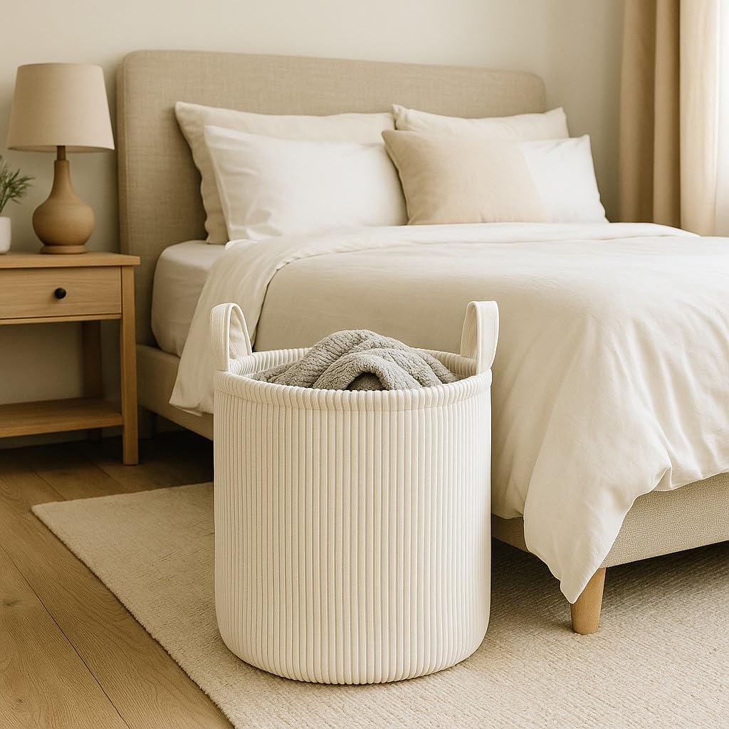 PUTSKA cream corduroy basket adds soft, stylish storage.