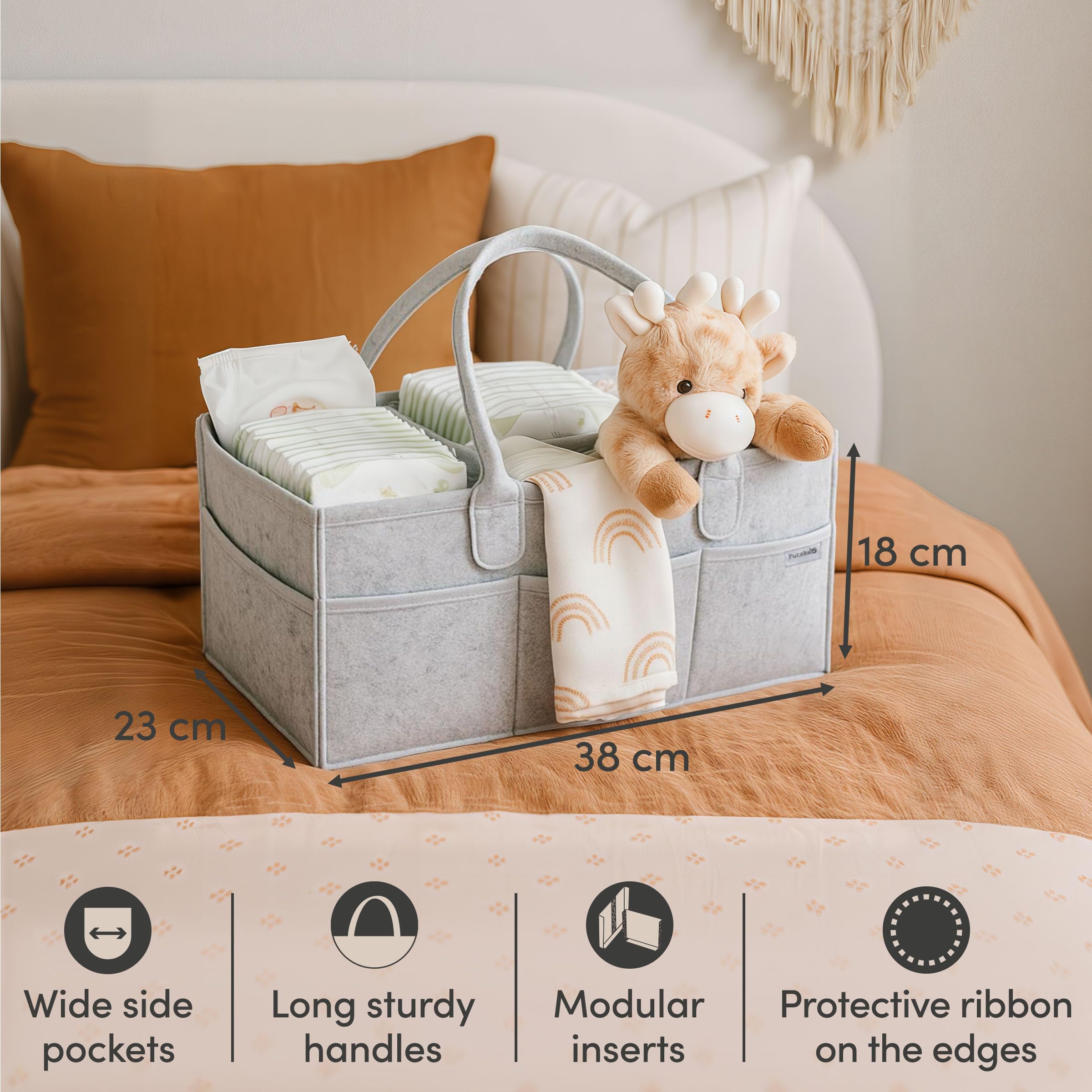 PUTSKA diaper caddy featuring 8 pockets and 3 compartments for organization.