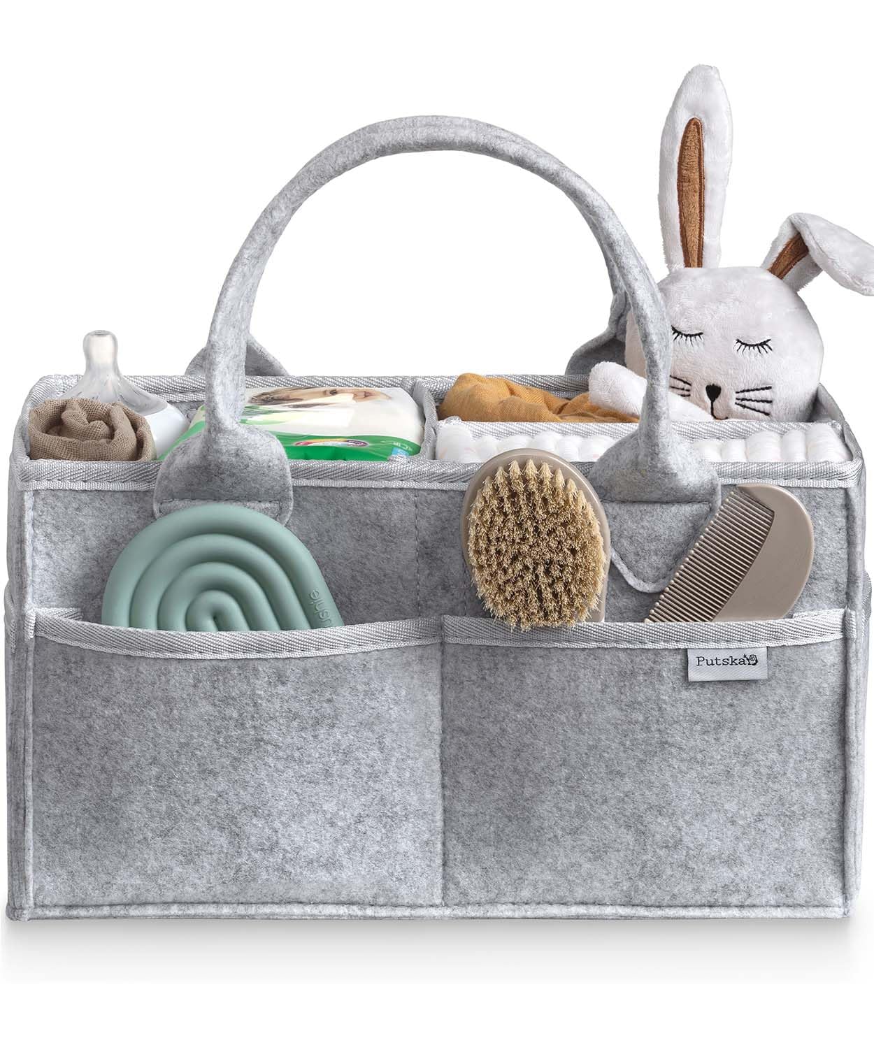 PUTSKA diaper caddy front view with sturdy handles for easy transport.