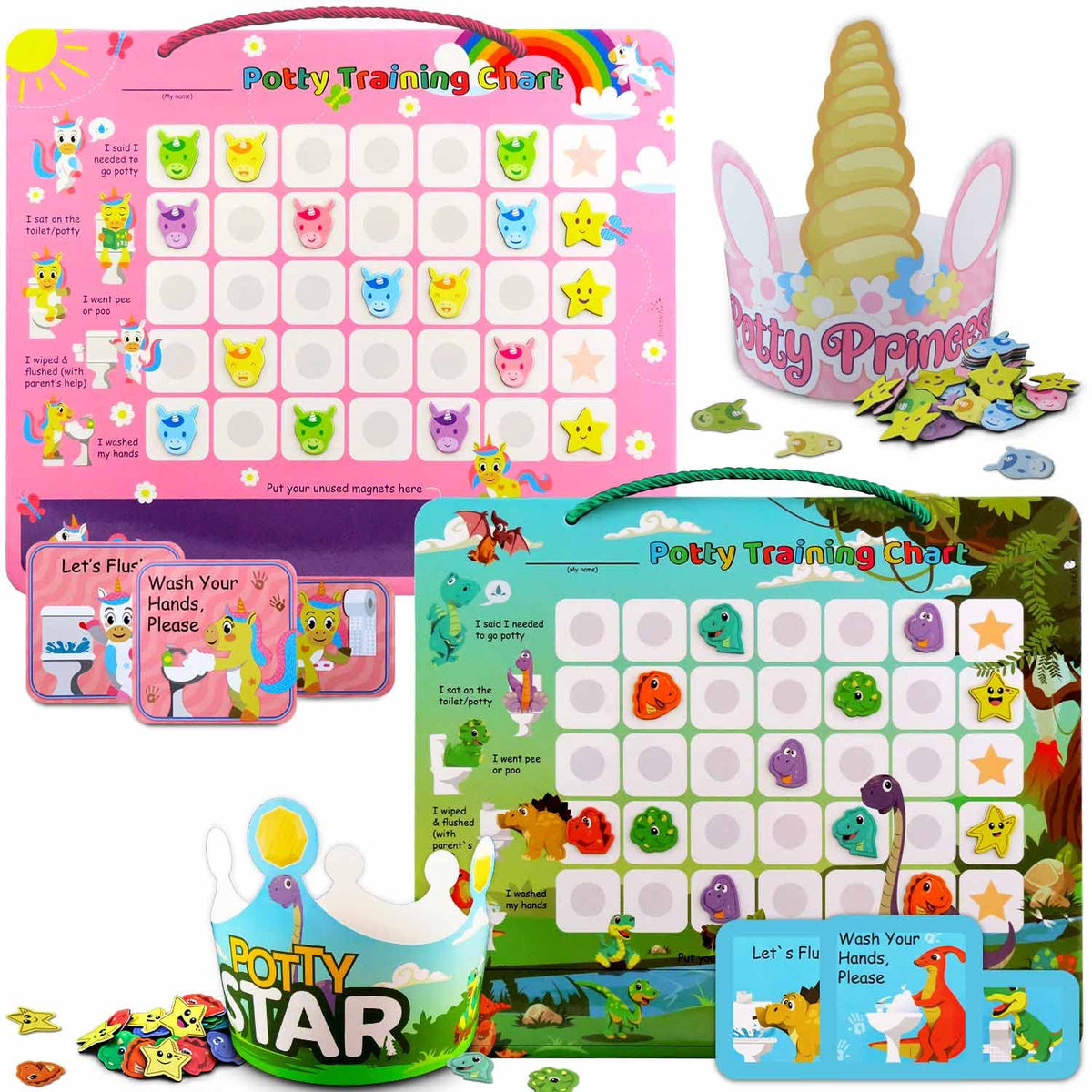 Putska Dino and Unicorn potty chart wall display with magnets for engaging training