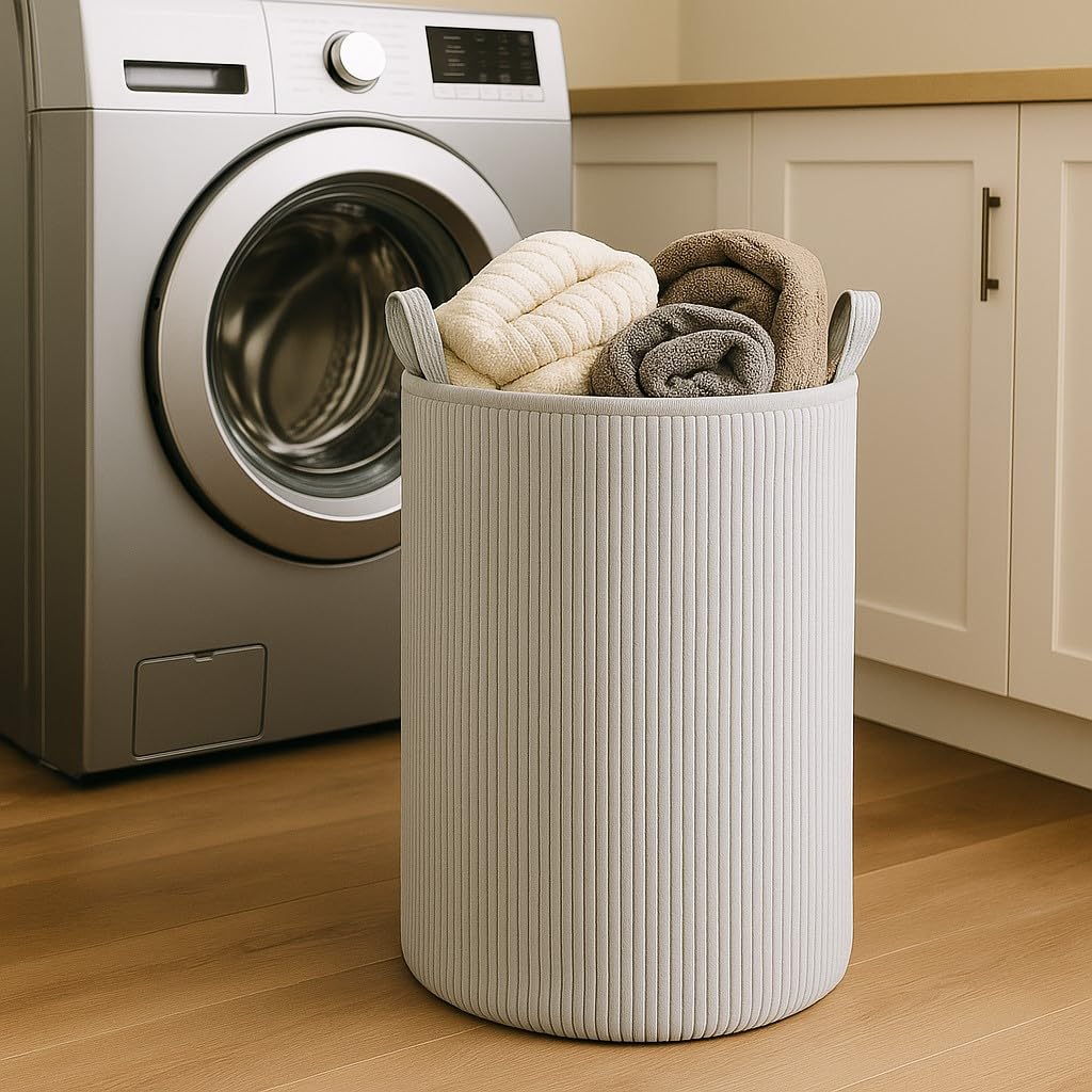 PUTSKA laundry basket in grey corduroy front view for clutter-free spaces.