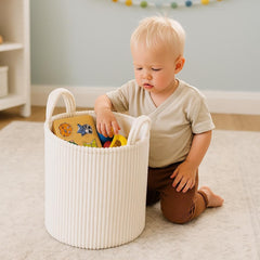 PUTSKA nursery basket with corduroy fabric adds soft style to nurseries